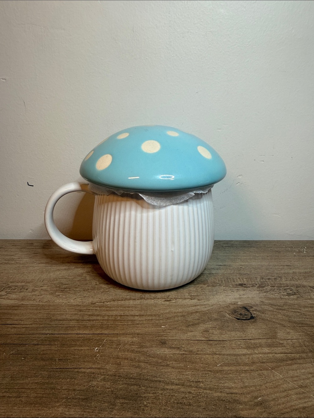 Cost Plus World Market Blue Polka-Dot Mushroom Mug with White Ribbed Body
